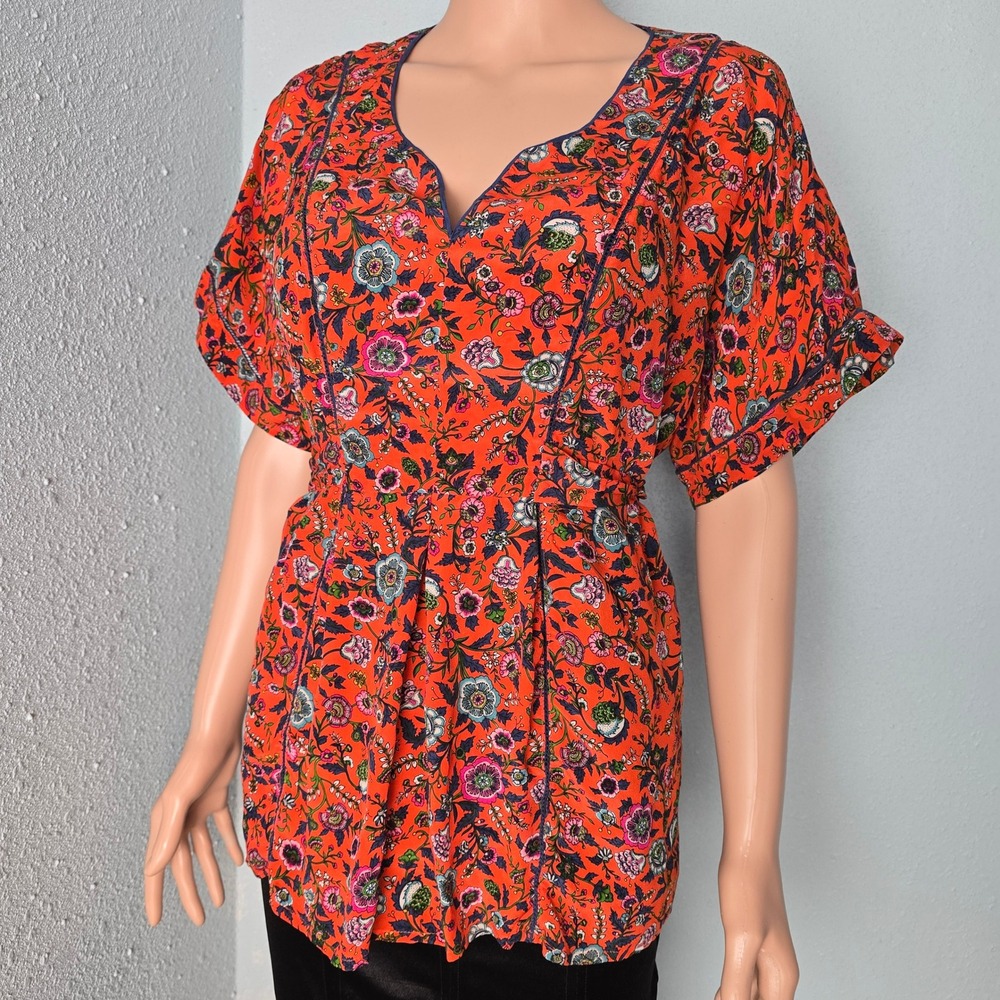 Maeve Anthropologie 100% Silk Orange Floral Tie-Back V-Neck Blouse Small‎